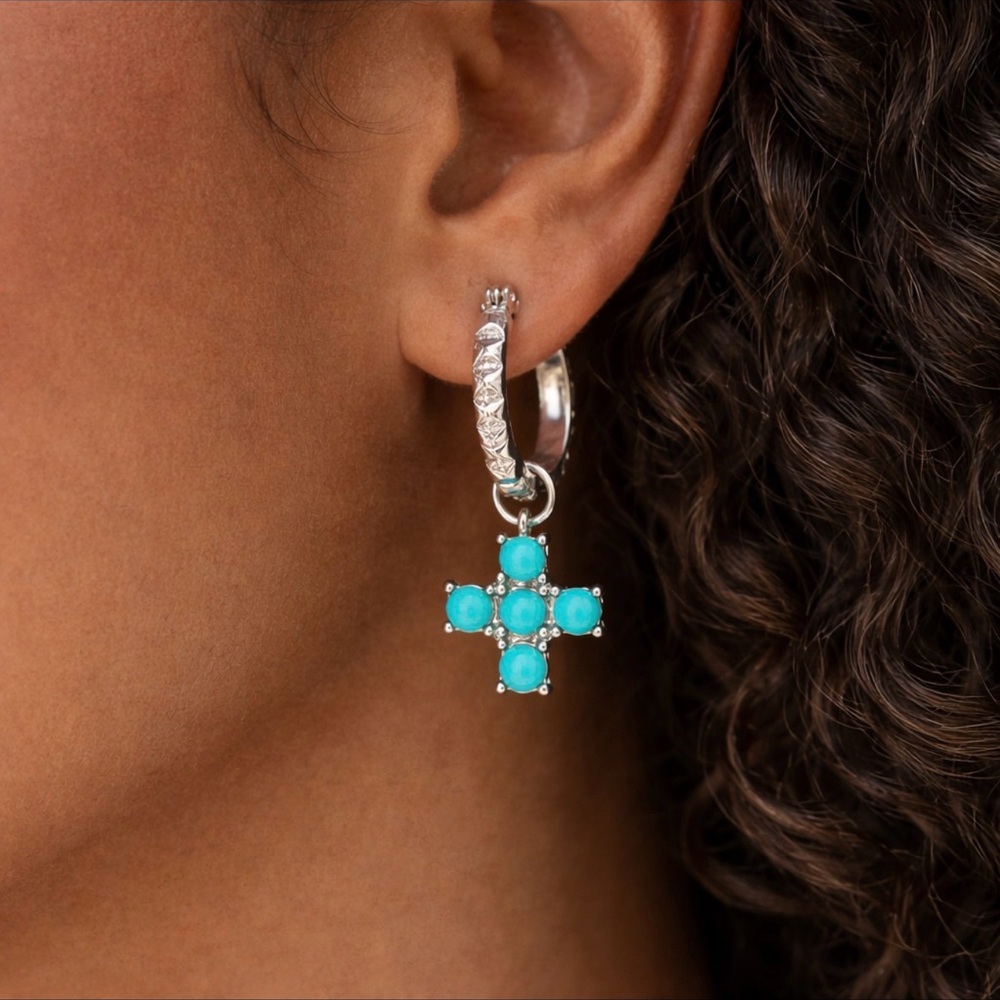 Silver Huggie Hoop Earrings Blue Cross Charm Dangle